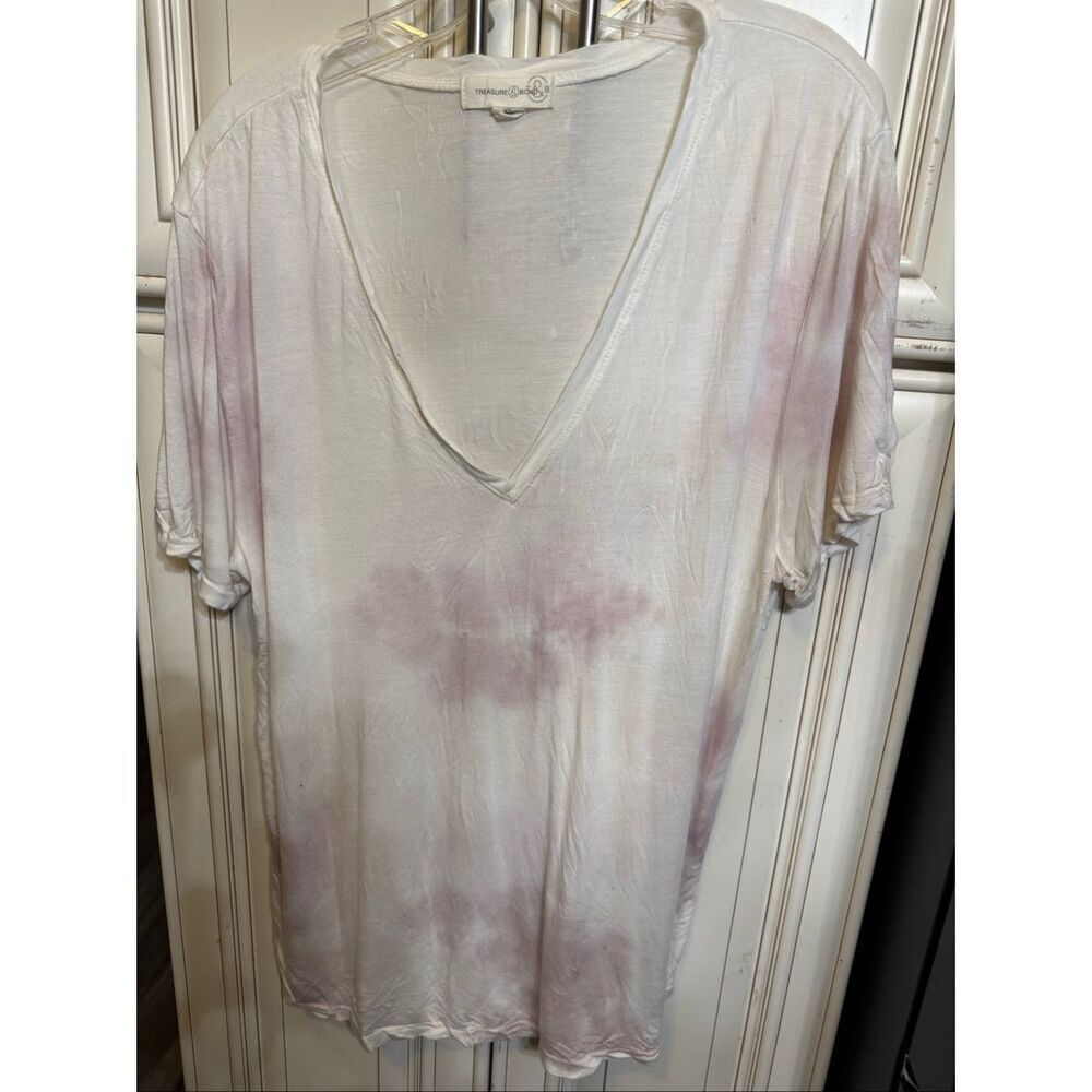 Treasure & Bond Women's V-neck Tie Dye Short Sleeve T-shirt White Purple XL